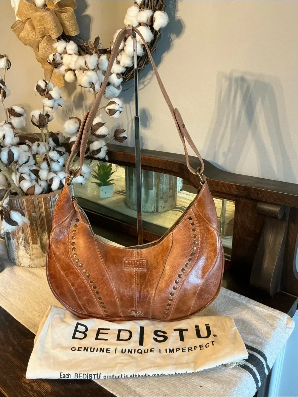 NWOT Bed Stu Leather Studded Megara Shoulder Bag Hobo Tan DD MSRP $279